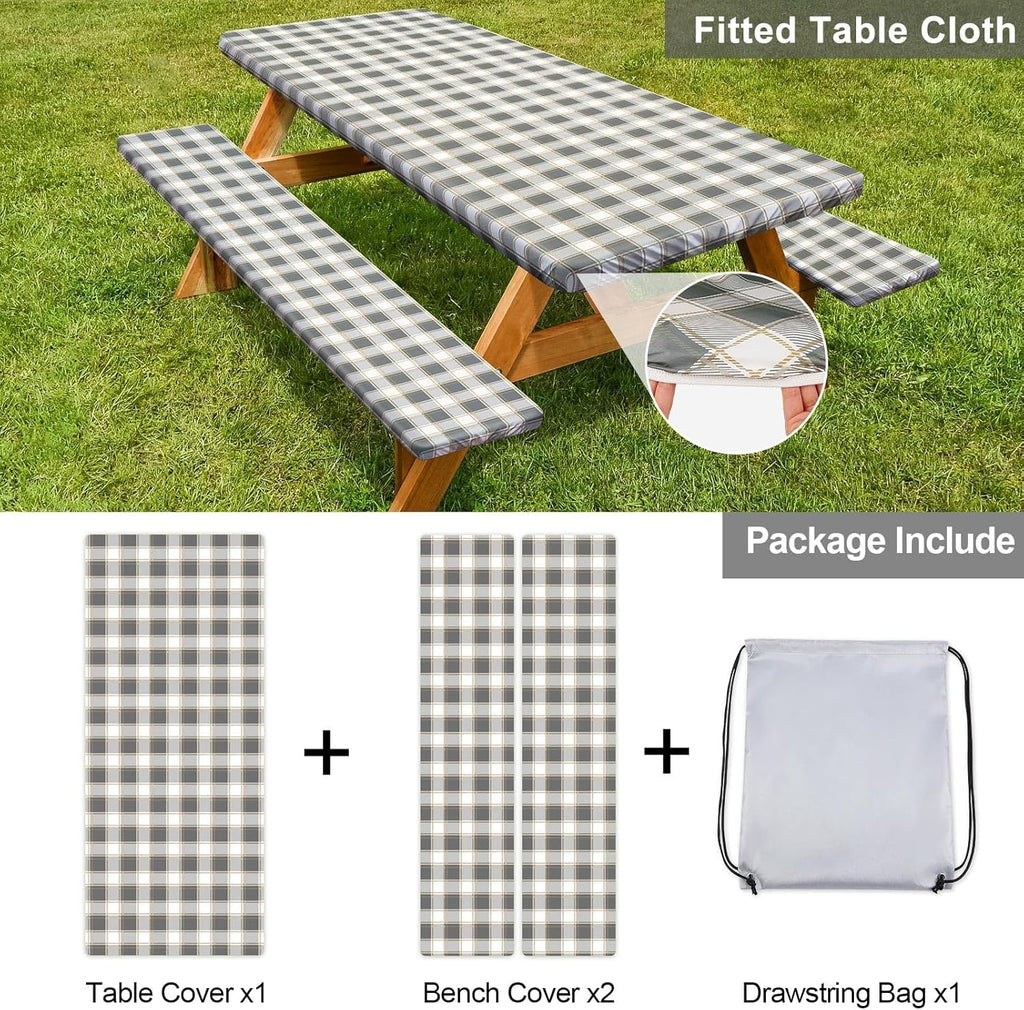 Picnic Table Cover - Waterproof & Windproof with Bench Covers | Fitted Rectangle 72in, Gray White