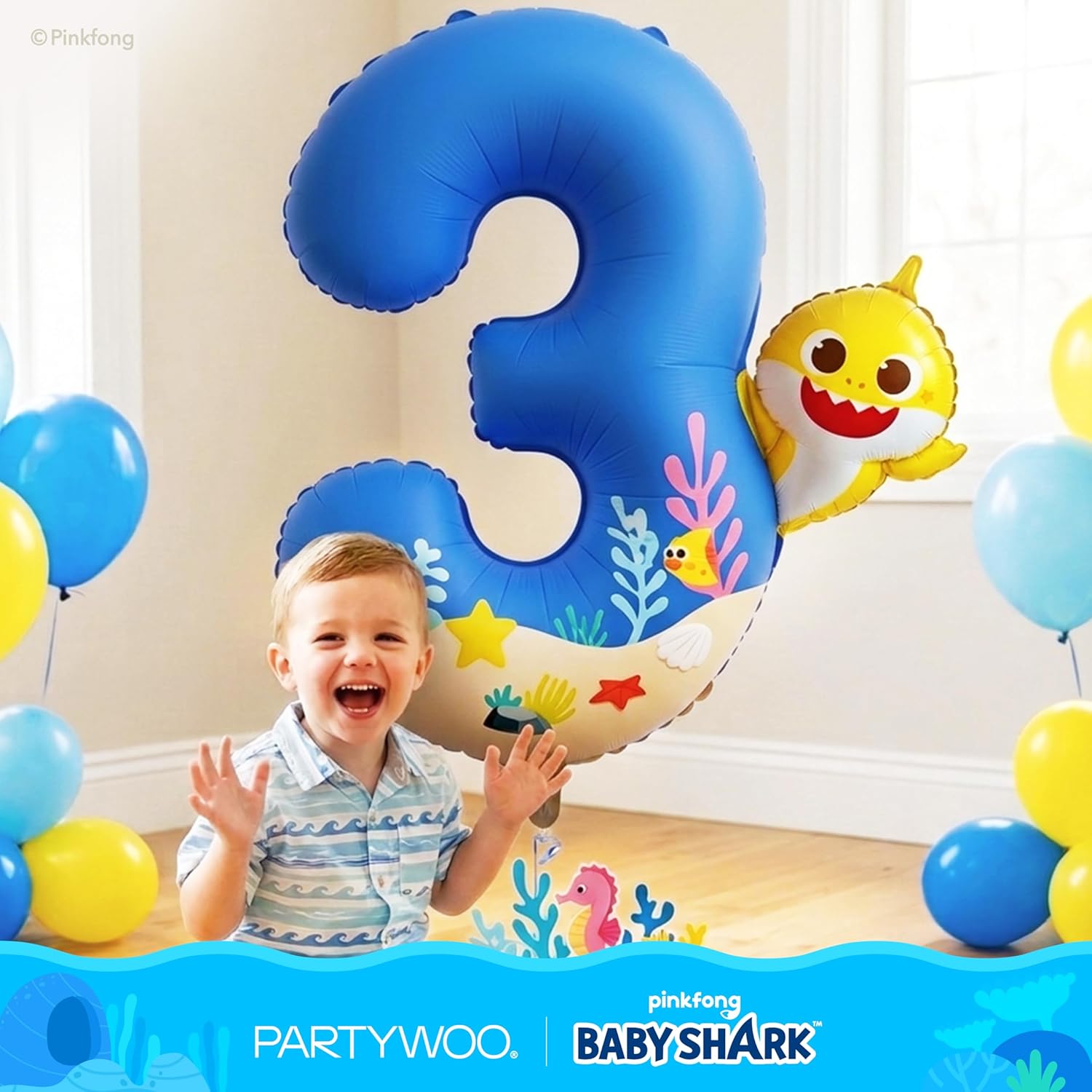 Baby Shark | PartyWoo 40-Inch Blue Foil Number 3 Balloon - Mylar Helium Birthday Decoration for Kids