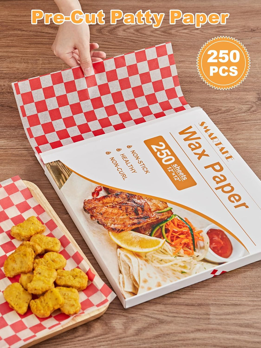 SMARTAKE 12 x 12 Inches Wax Paper - 250 Pcs Non-Stick Hamburger Patty Paper | Red Plaid Sandwich Wraps