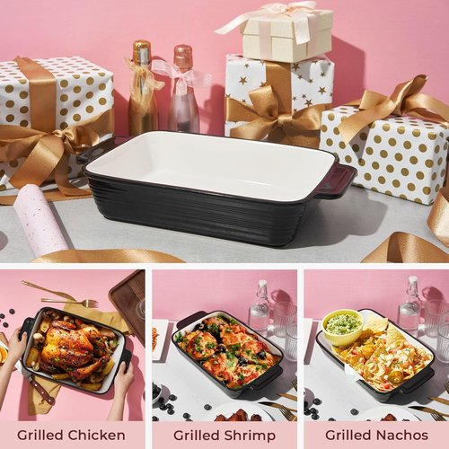 LIFVER Casserole Dish - 9x13 Ceramic Baking Dish | 115oz Large Lasagna Pan with Handles, Oven Safe, Black