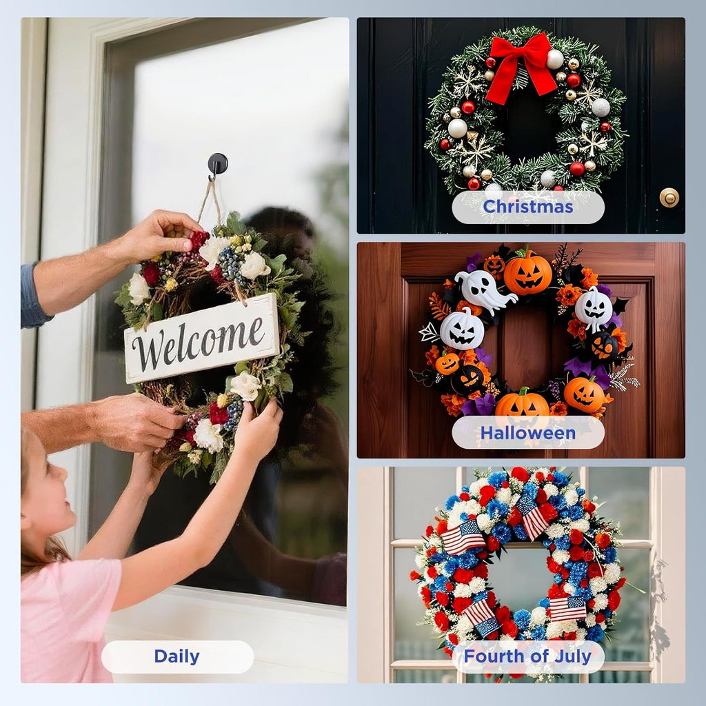 OUTXE Wreath Hanger - Upgraded Suction Cup Hook for Glass Door | 4-Pack in Black for All Seasons