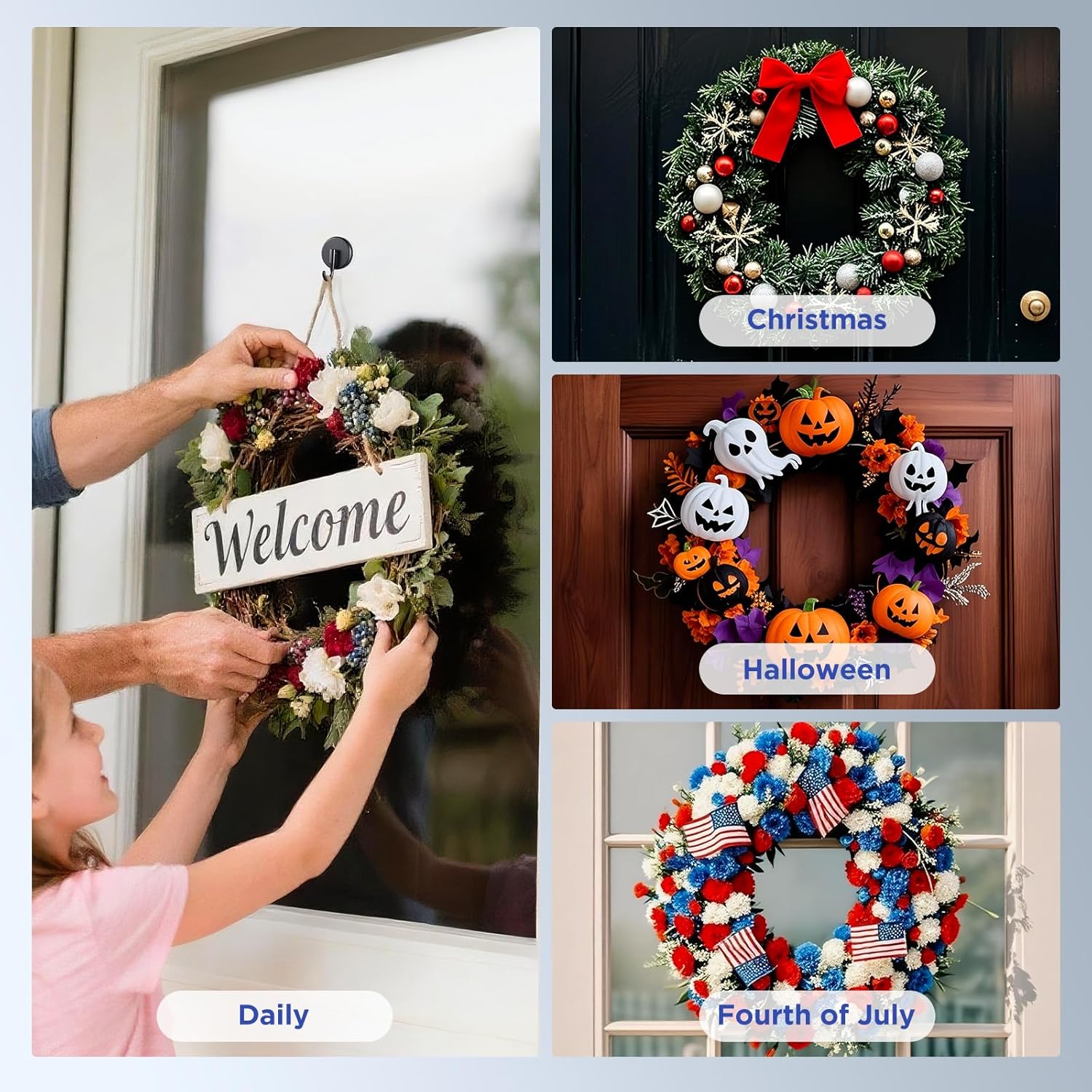 OUTXE Wreath Hanger - Upgraded Suction Cup Hook for Glass Door | 4-Pack in Black for All Seasons