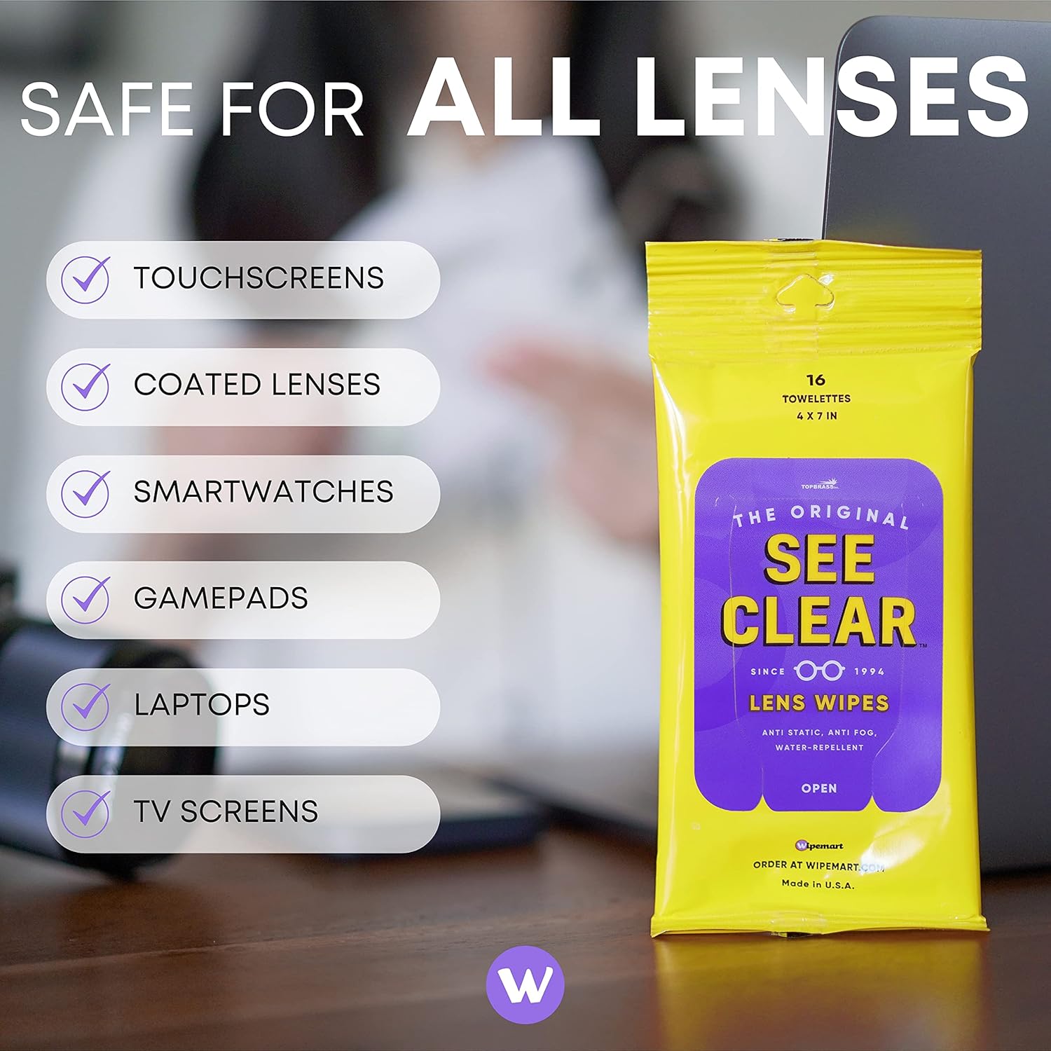 See Clear Lens Cleaning Wipes - Streak-Free Pre-Moistened Cloths for Eyeglasses & Screens | 192 Wipes in 12 Packs