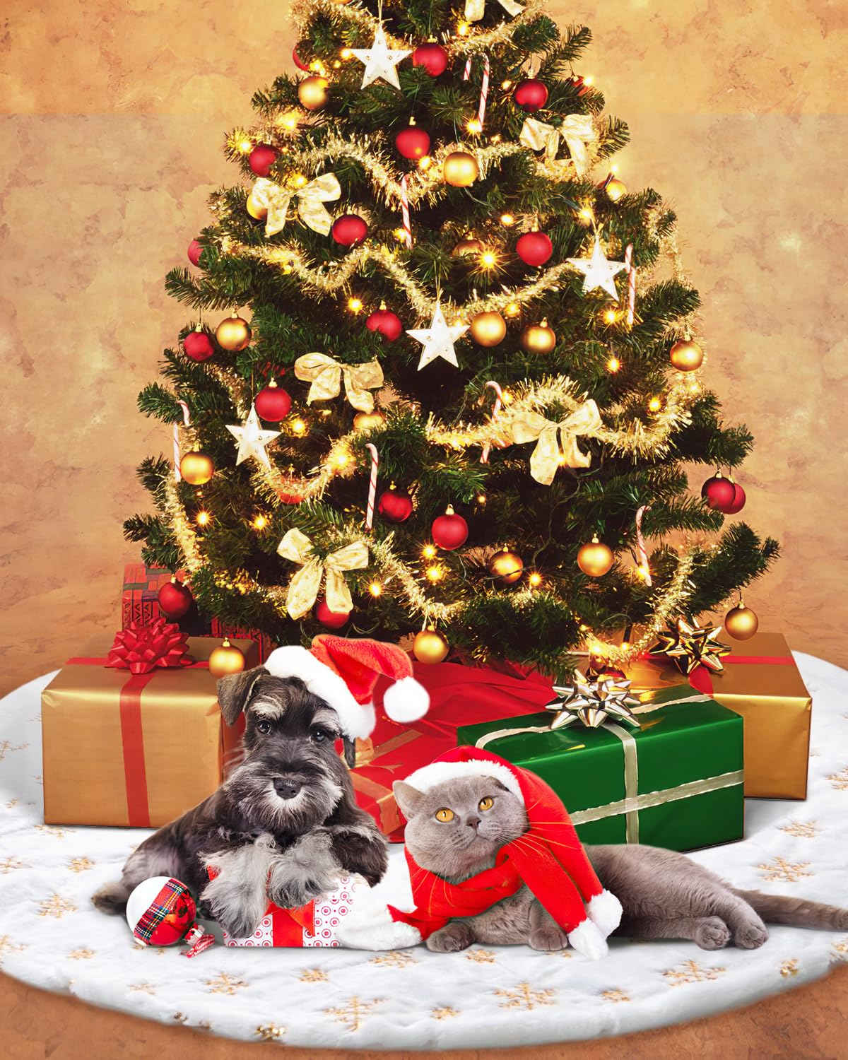COOLWUFAN 60 Inches Faux Fur Christmas Tree Skirt for Xmas Tree Holiday Party Decoration White Plush Gold Sequin Snowflake (Gold)