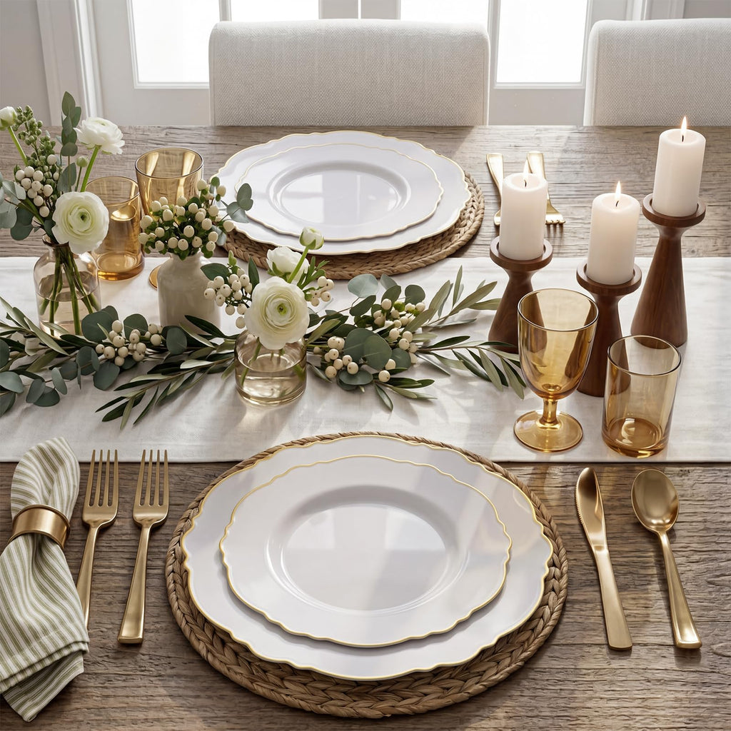 WDF 100pcs Gold Plastic Plates - High-end Baroque Design - Heavy Duty White &Gold Wedding Plates Set Ideal for Party/Wedding/Birthday