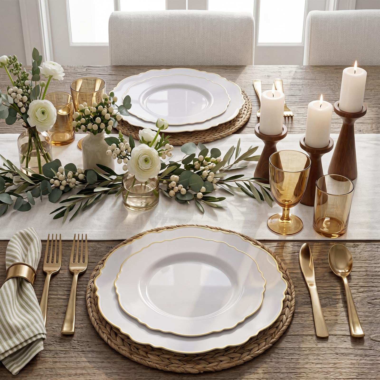 WDF 100pcs Gold Plastic Plates - High-end Baroque Design - Heavy Duty White &Gold Wedding Plates Set Ideal for Party/Wedding/Birthday