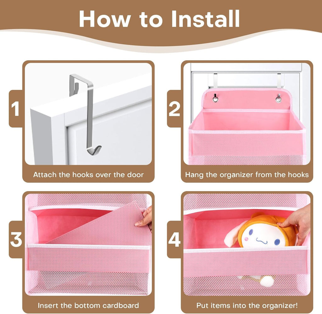 SpaceWhisper Over The Door Organizer - 4 Large Pocket Hanging Storage for Nursery, Bathroom & Closet (Pink)
