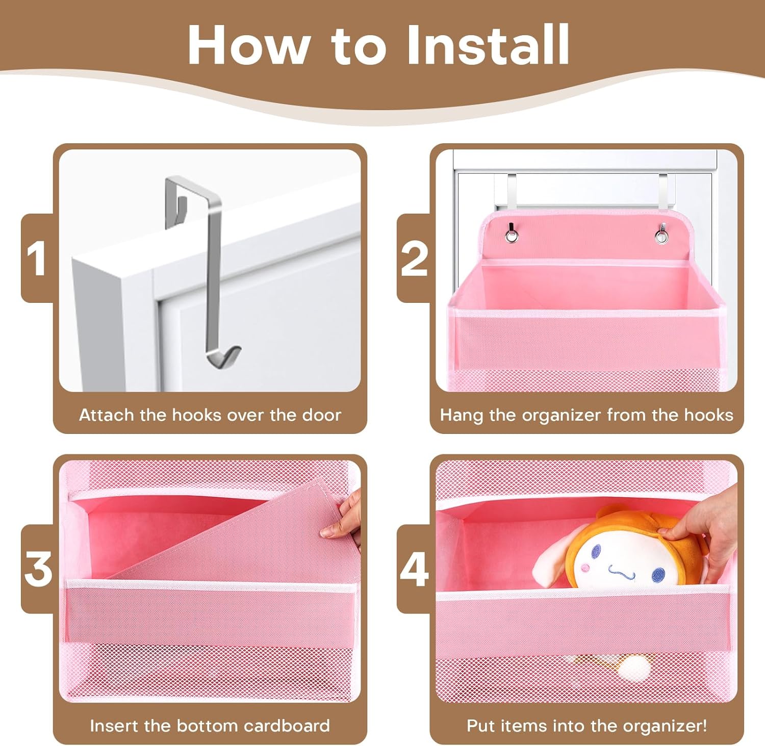 SpaceWhisper Over The Door Organizer - 4 Large Pocket Hanging Storage for Nursery, Bathroom & Closet (Pink)