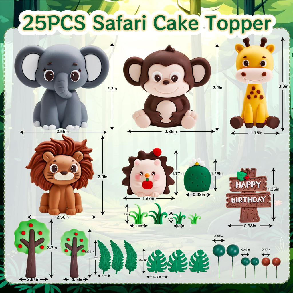 25PCS Jungle Safari Cake Toppers Set - 3D Zoo Animals Cake Toppers with Trees & Leaves, Wild One Birthday Decor for Jungle Theme Parties Supplies, Safari Cake Decorations
