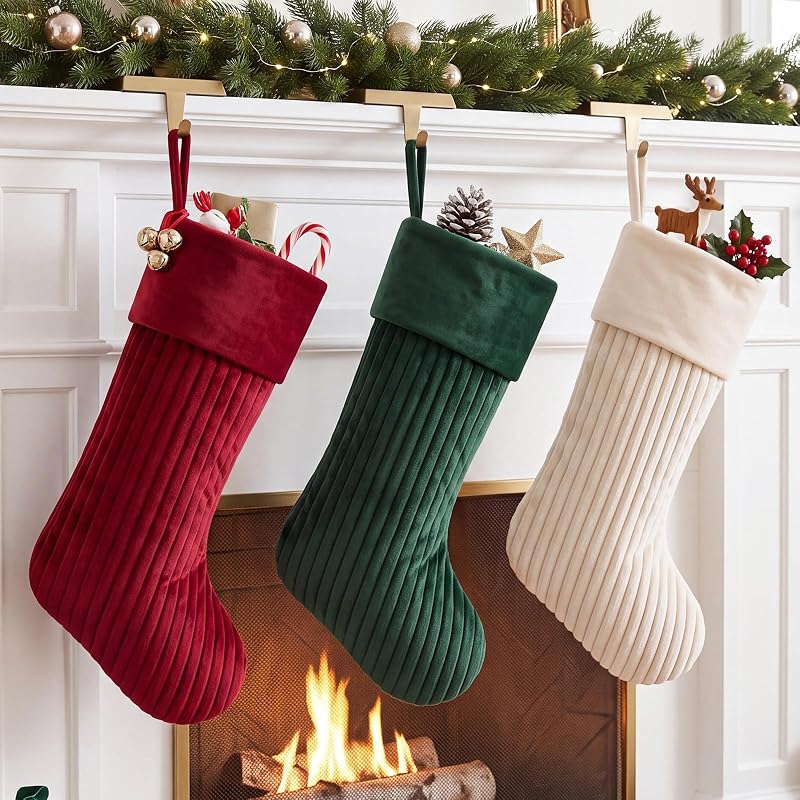 3 Christmas Stockings Set 19 Inch Velvet Quilted Stocking - Red Beige Green