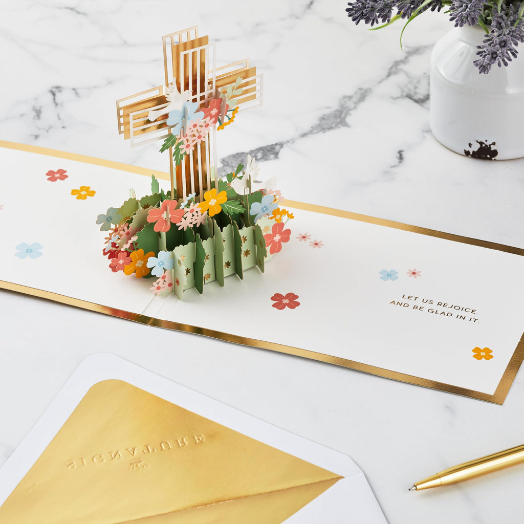 Hallmark Signature Paper Wonder Religious Pop Up Card (Cross with Flowers) for Birthdays, Baptisms, Confirmations