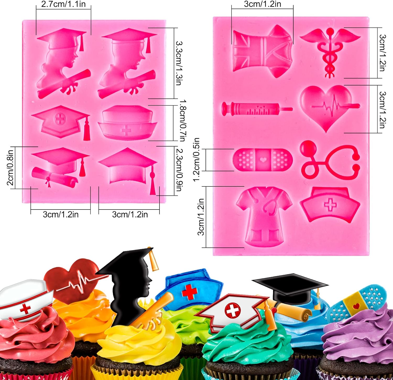 Whaline Nurse Graduation Fondant Molds - Silicone Doctor Hat & Medical Equipment | 2 Pack for Cake Toppers