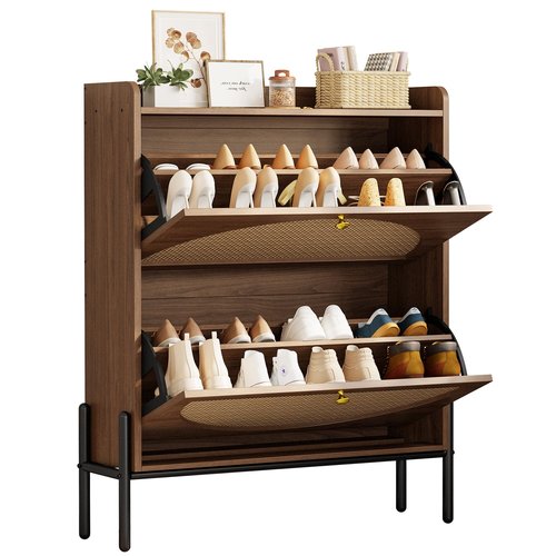 IRONCK Shoe Cabinet Storage with 2 Flip Drawers, Free Standing Wooden Shoe Storage Organizer Cabinet with Rattan Doors for Entryway, Narrow Shoe Rack Cabinet, Walnut
