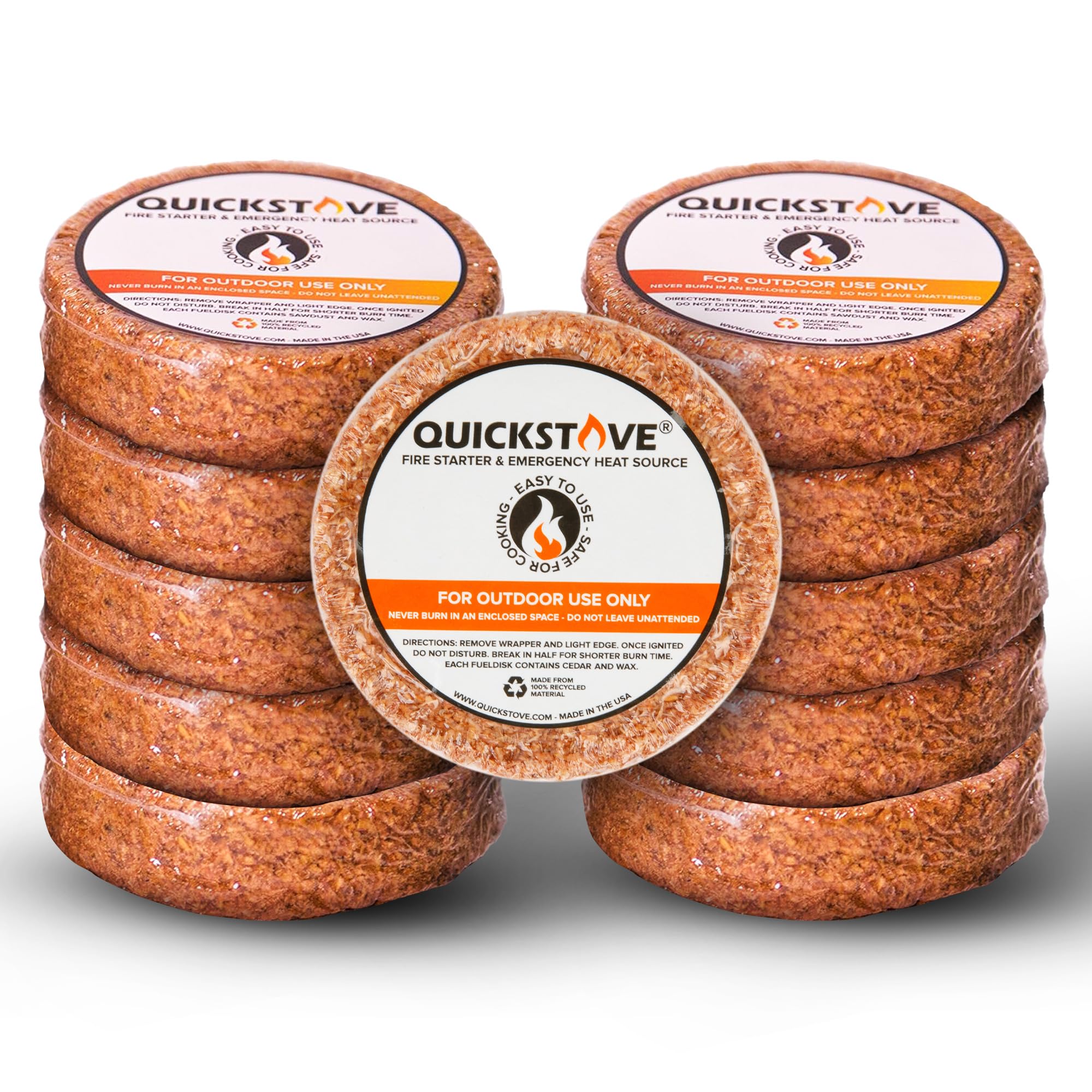 QuickStove Fire Starters (10 Pack) – Waterproof Emergency Fuel Disks for Camping Essentials, Wood Stove, Fireplace, Fire Pit, Survival Kit, Campfire & Outdoor Accessories