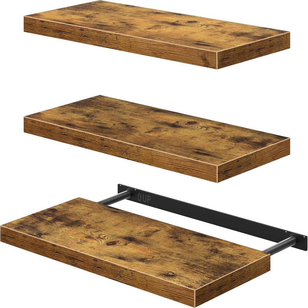 QEEIG 10" Deep Floating Shelves - Rustic Brown Wall-Mounted Bookshelf Set of 3 for Bathroom, Bedroom, Kitchen, Living Room