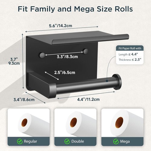 FORIOUS Toilet Paper Holder - Matte Black Stainless Steel with Shelf | Adhesive or Screw Mount