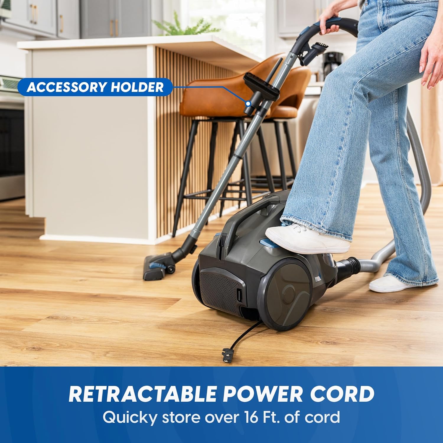 Vacmaster CC0501 Ultra Silent Bagless Canister Vacuum - Powerful HEPA Filtration & Retractable Cord for Hard Floors
