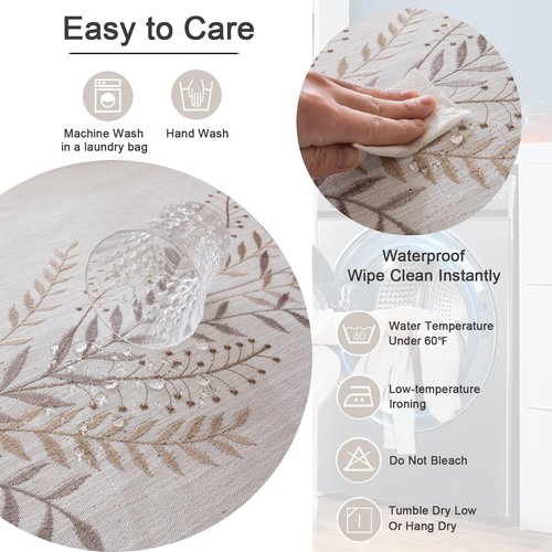 Joyfol Day Rustic Waterproof Linen Tablecloth, Heavy Weight Fern Embroidery Table Cloths for Rectangle Tables, Farmhouse Spill-Proof Table Covers with Tassels, Coffee 55''x 120''