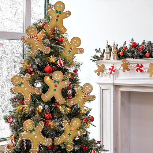 Bunny Chorus Christmas Decorations Indoor: 8pcs Large Gingerbread Man Christmas Tree Picks, Cute Rustic Gingerbread Boy Girl Picks Ornaments for Xmas Tree Topper Home School Office Winter Vase Décor