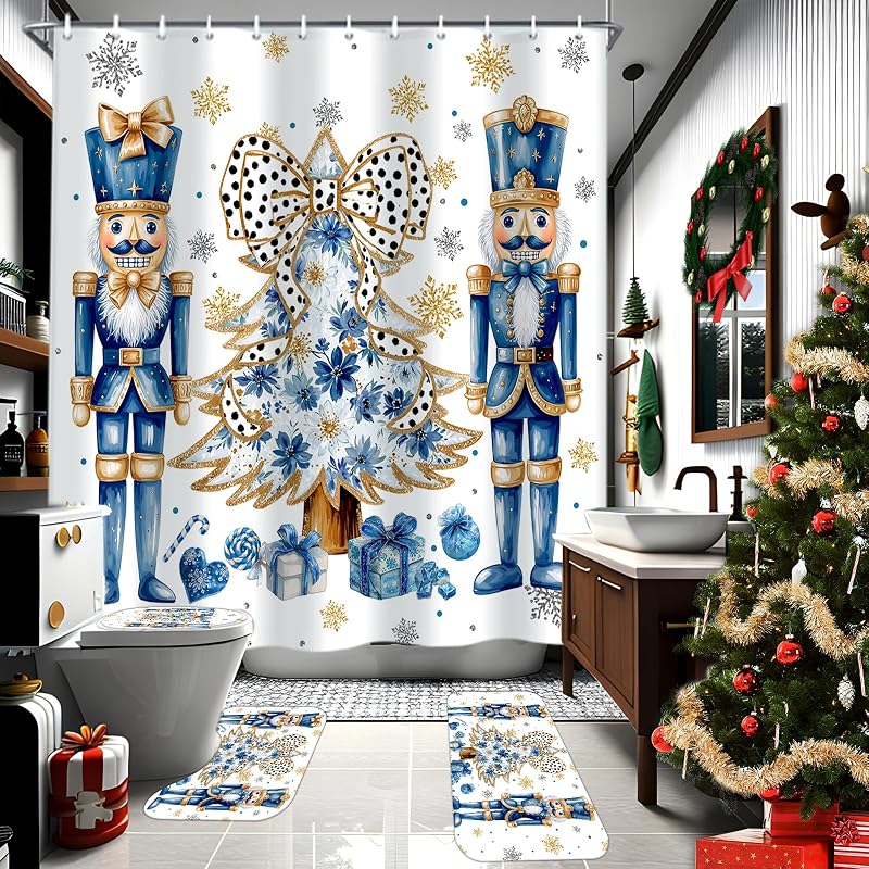Nutcracker Christmas Shower Curtain Set 4 Pcs with Non-Slip Rugs & Lid Cover - Blue & Gold Snowflake Design (Variation: Blue Nutcracker+72W x 72L)