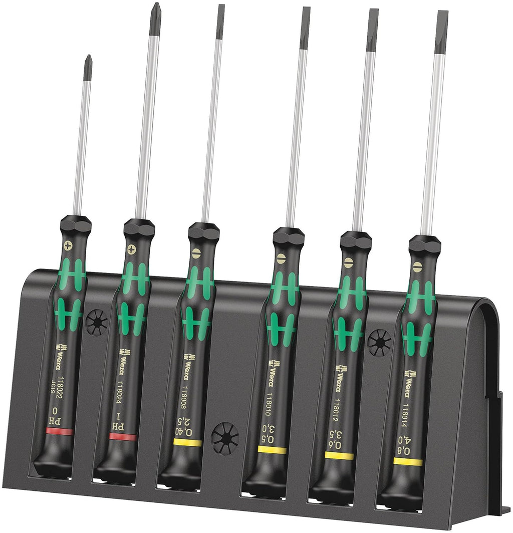 Wera 2035/6 Electronics Screwdriver Set - 6-Piece Kraftform Micro Slotted & Phillips with Rack