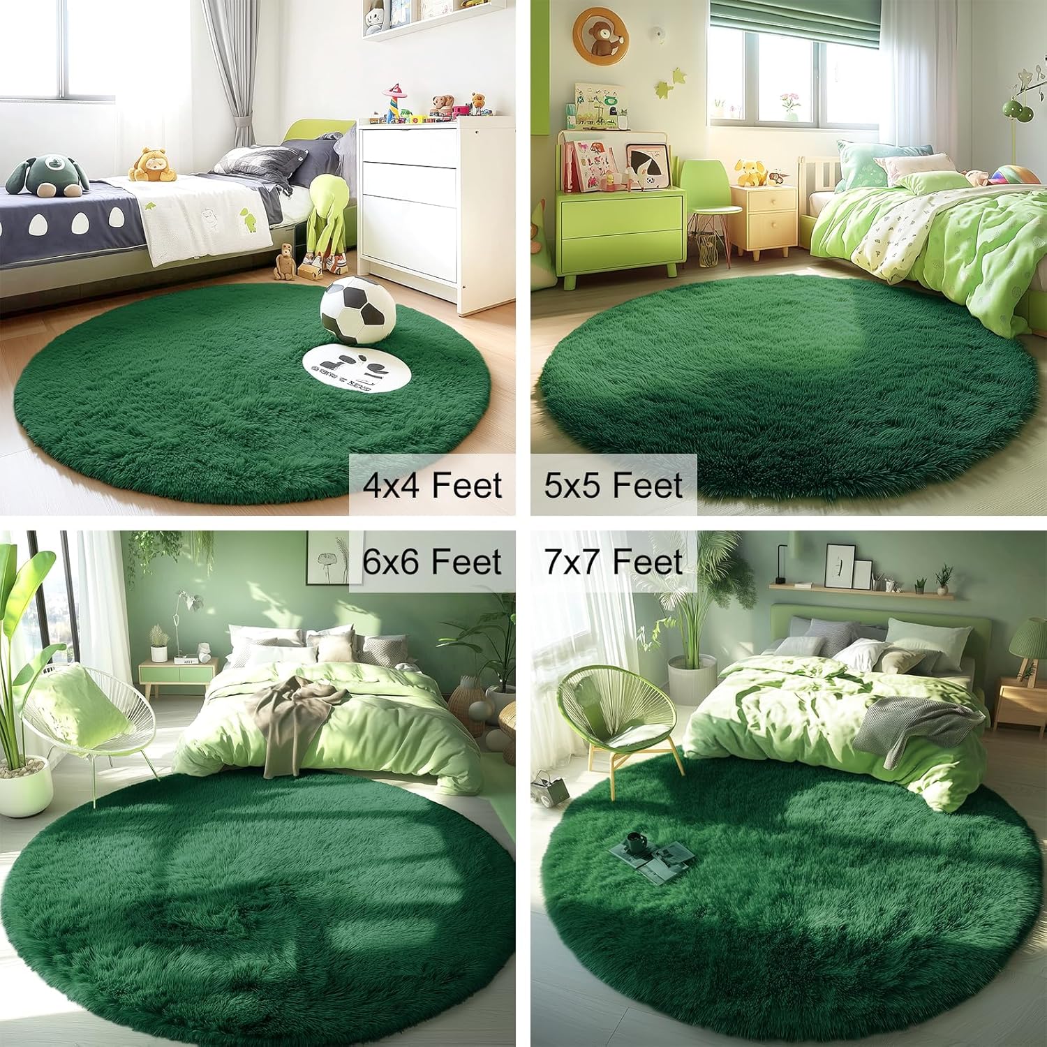 OLANLY Dark Green Round Rug - Soft, Fluffy Shaggy Carpet | 4 ft Machine Washable Area Rug for Bedroom & Living Room Decor