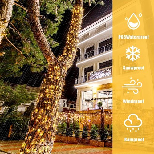 MERRIMAX M Solar Christmas String Lights Outdoor, 33ft 100 LED Solar Fairy Light 8 Modes Waterproof Xmas Lights for Garden, Patio, Home, Party, Wedding, Holiday, Tree, Outdoor (Warm White, 4 Pack)