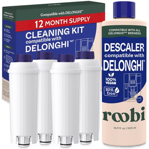 Roobi DeLonghi Compatible Cleaning Descaling Kit. Includes 1 Bottle of Descaling Solution and 4 DeLonghi Filters. Carbon Neutral DeLonghi Cleaner Descaler Kit. 1 Year Supply.