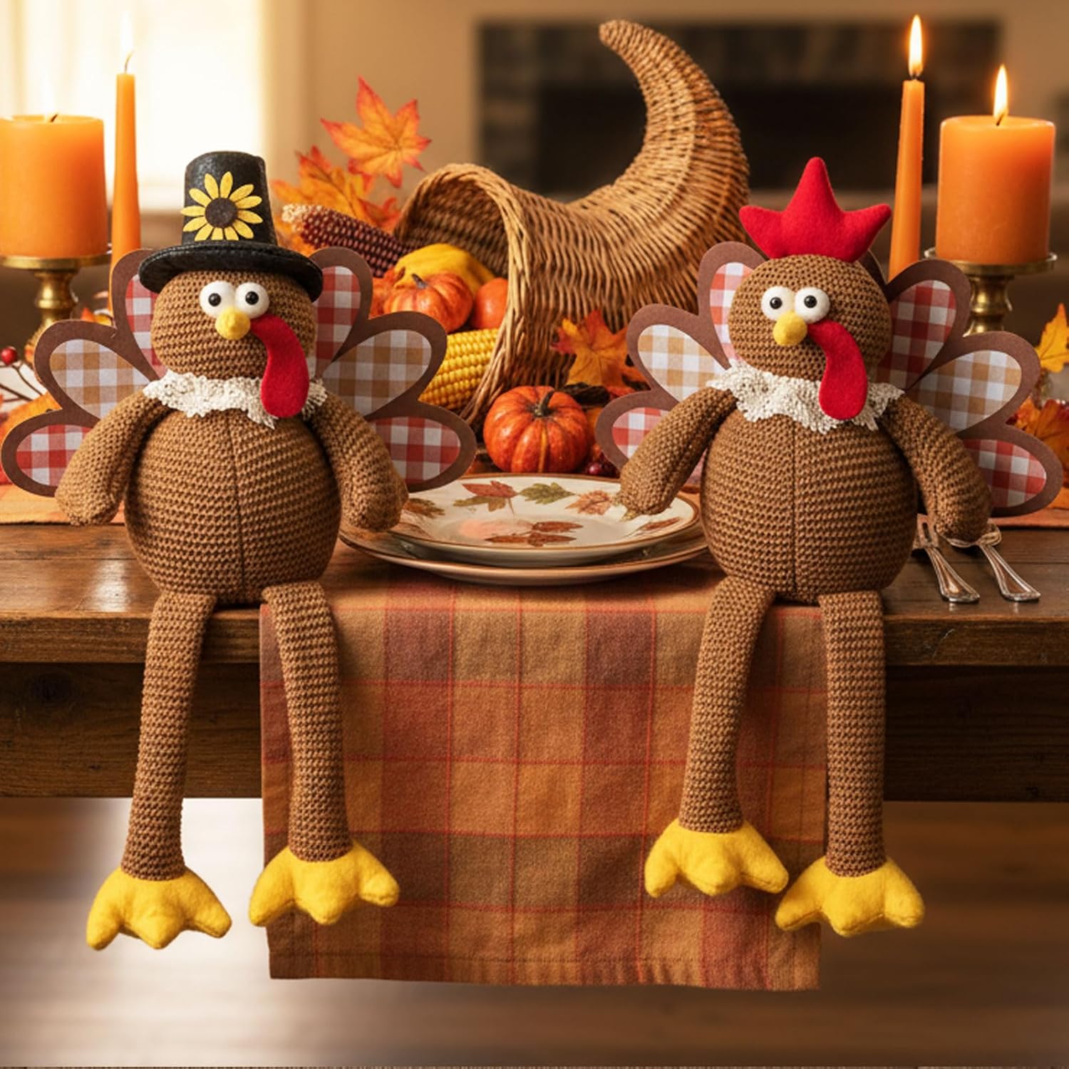 Regine Switzerland Thanksgiving Turkey Decorations - Set of 2 Plush Dolls for Fall Harvest Home Decor | Brown