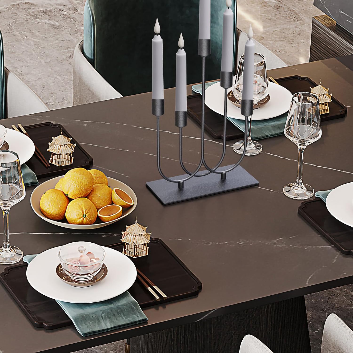 Smtyle Black Metal Fireplace Candelabra - Elegant Tapered Candle Holders | 5 Iron Holders for Gothic Table Centerpiece