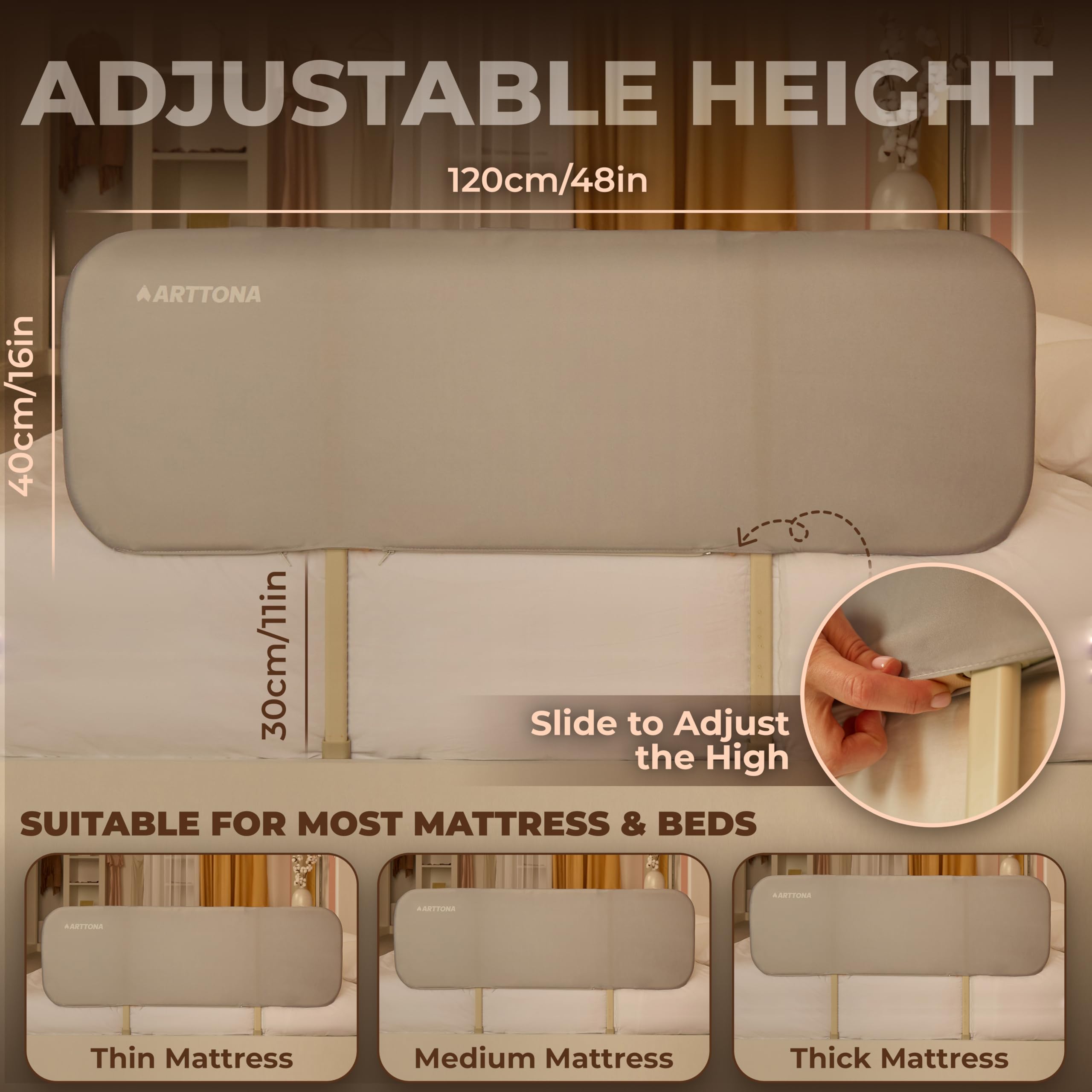 ARTTONA Toddler Bed Rail with Night Light - Foldable Bed Side Rails - Fits for Most Beds Bed Rails for Full Size Bed, Queen Size Rails, Twin Rails - Portable Fence for Baby - 48inch