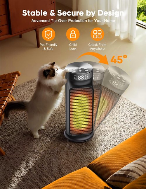 1500W PTC Quiet Space Heater with Remote Control, 15.8“ Portable Electric Heaters for Indoor Use, 75°Oscillation Ceramic Heater for Office, 24H Timer, 5 Modes, Fast Safe Quiet Room Heater for Bedroom