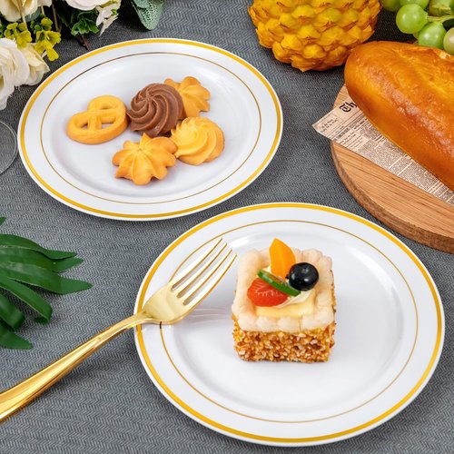 WELLIFE 120 PCS Plastic Dessert Plates and 120 PCS Forks, 6.3 inch Disposable Salad Plate, Premium White Appetizer Plates with Gold Rims Perfect for Party and Wedding