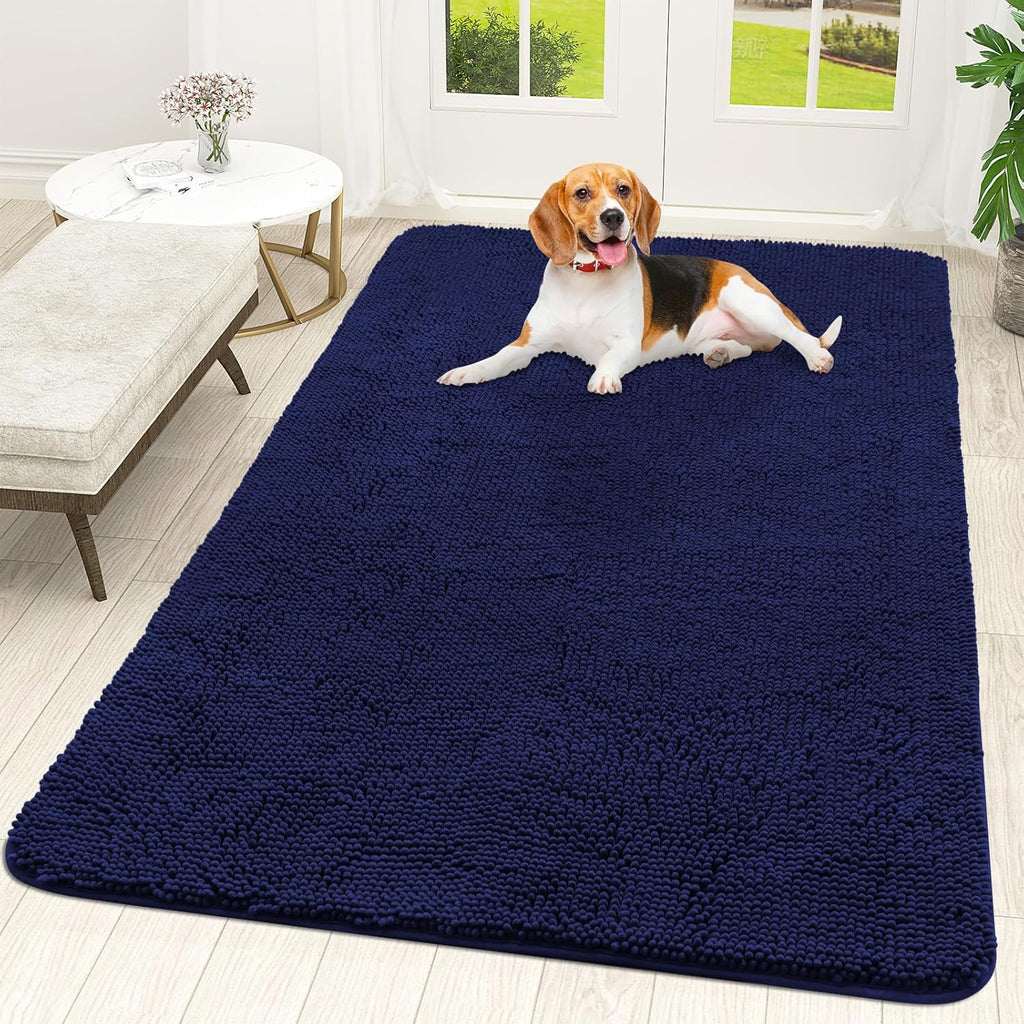 OLANLY Dog Door Mat - Absorbent Non-Slip Washable Doormat for Muddy Paws | Quick Dry Chenille, Navy Blue 70x46