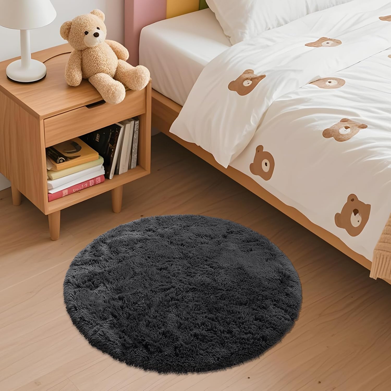 OLANLY Black Round Area Rug - Soft, Fluffy, Machine Washable 2 ft Circle Carpet for Bedroom & Living Room Decor