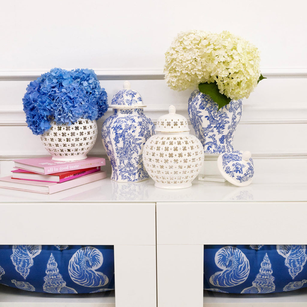 Lilly Pulitzer Ginger Jar with Lid, 12" Tall Blue and White Decor, Chinoiserie Vase/Decorative Jar for Home Decor, Sarfari Party