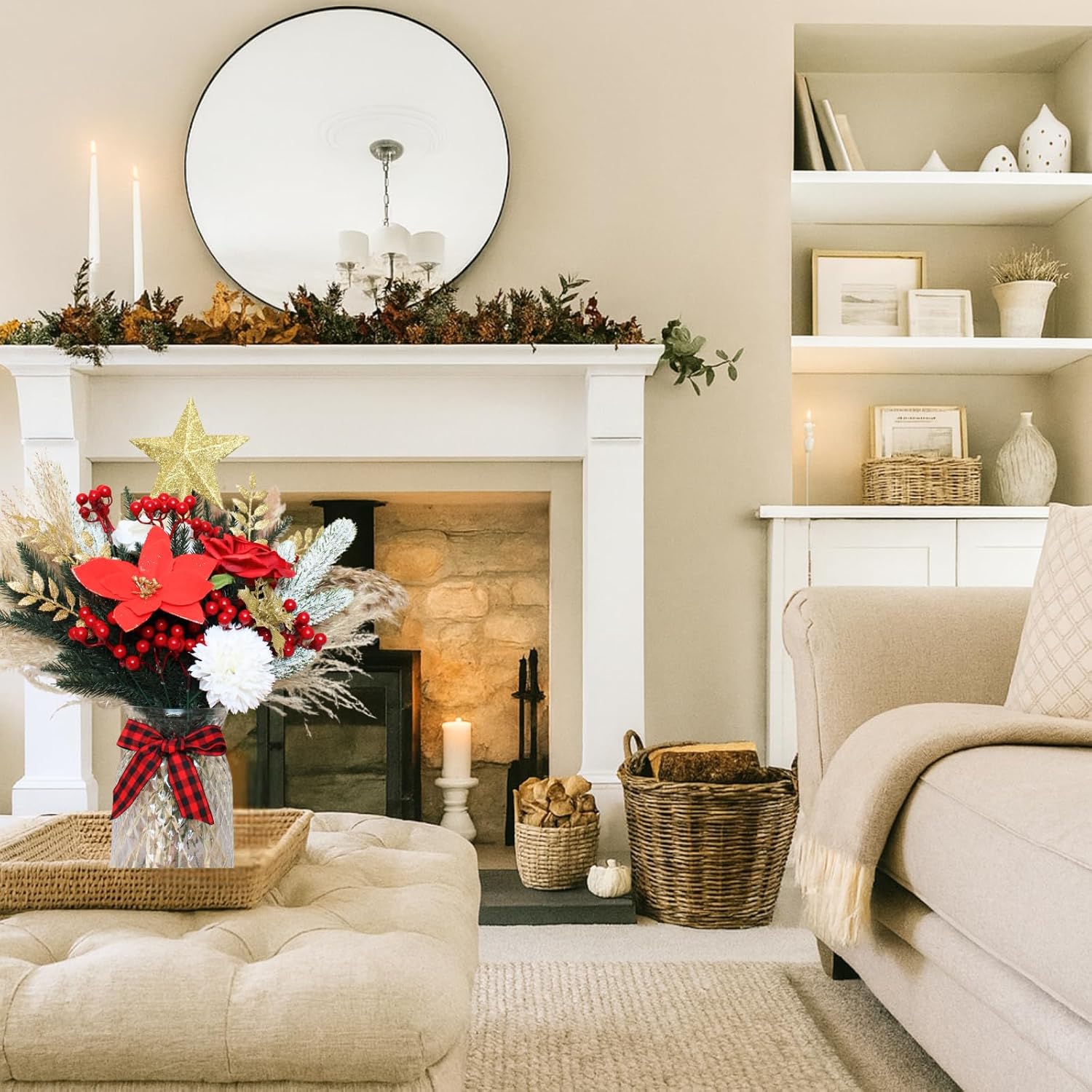 RyddeligHome Christmas Centerpieces - 100pcs Holiday Floral Arrangements in Vase | Red Poinsettia & Pine