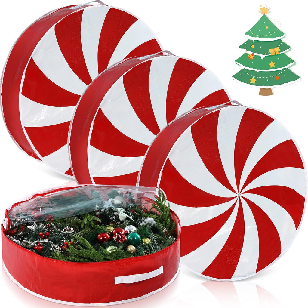Regine Switzerland Christmas Wreath Storage Bag - 30 Inch Clear Window Design with Dual Zipper Handle | Red & White Peppermint Garland Organizer