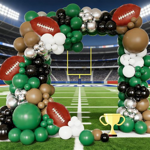 CboDeco Football Balloon Arch Kit, 141PCS Green Brown Black Balloons with Football Foil Balloons for Football Birthday Party Decorations, Touch Down Rugby Super Bowl Party Supplies