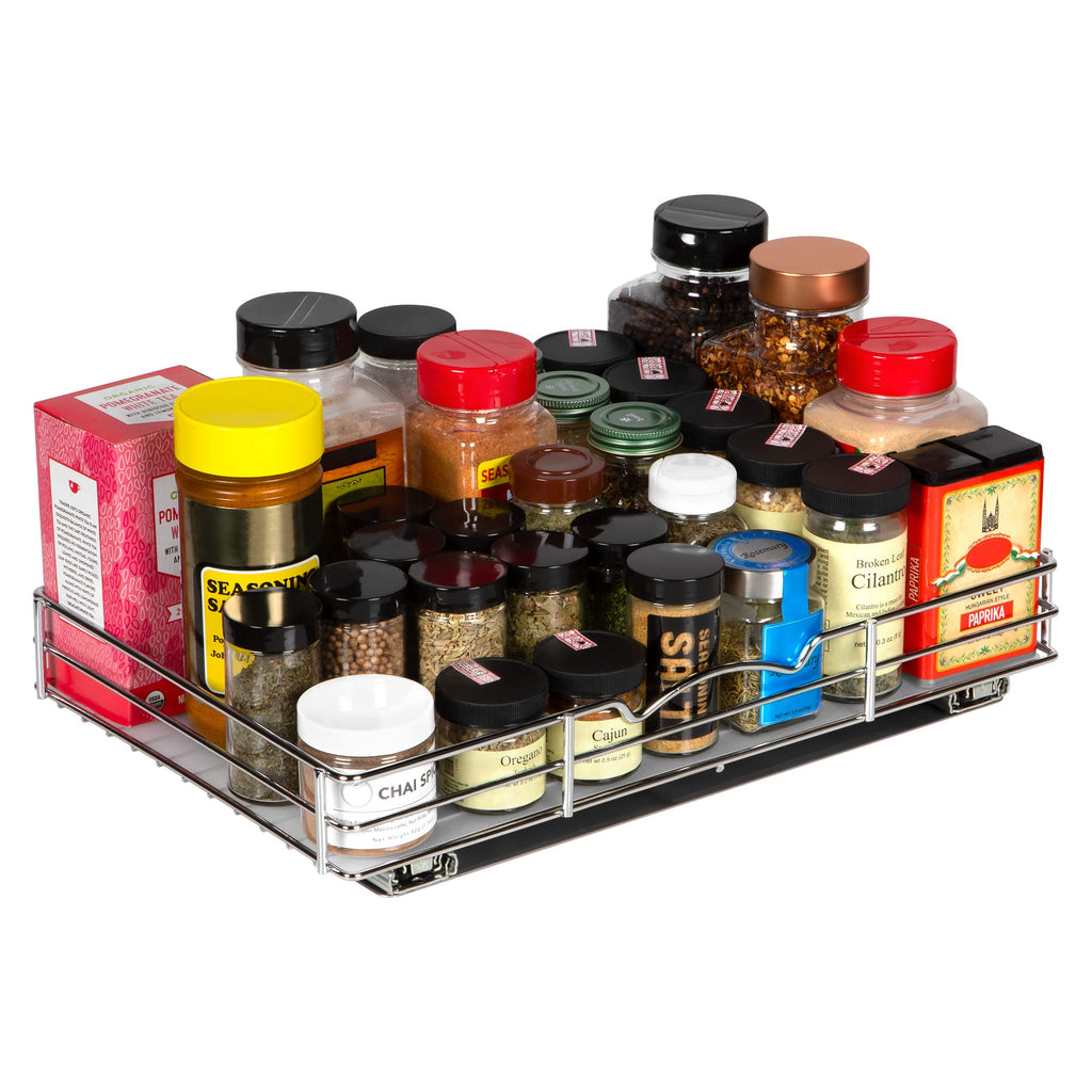 Pull-Out Cabinet Spice Rack Organizer - Slim Slide-Out Storage for Spices, Bottles & Jars, Premium Heavy-Duty Steel, Easy Install for Narrow Kitchen Cabinet - 16 ⅜ W x 10 ½ D x 2 ¾ H, Chrome