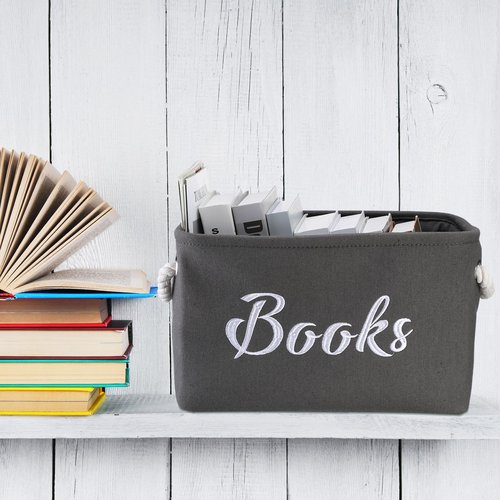 Yungyan 2 Pcs Book Toys Storage Bin for Shelves Toys Cloth 15 x 11 x 9 Book Toys Storage Basket Organizer with Handles Collapsible Bin for Bedroom(Gray,Books)