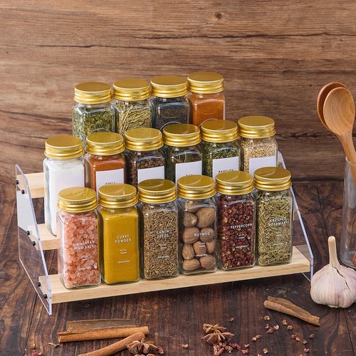 Fiwence 24 Pcs Glass Spice Jars with 576 Labels, 4oz Empty Square Spice Containers,Seasoning Bottles with Gold Metal Caps - Shaker Lids, Funnel and Pen Included