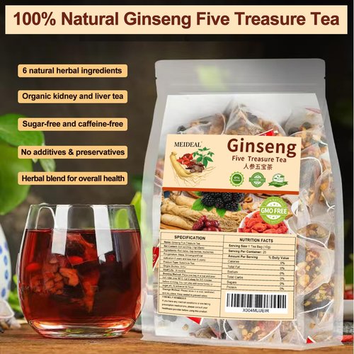 Ginseng Five Treasures Tea, Natural Kidney Tea for Women & Men, 6 Precious Ingredients Blend, Organic Ginseng Six Treasures KidneyTea, Chinese Herbal Teabags (25 Pcs 1 Bag)