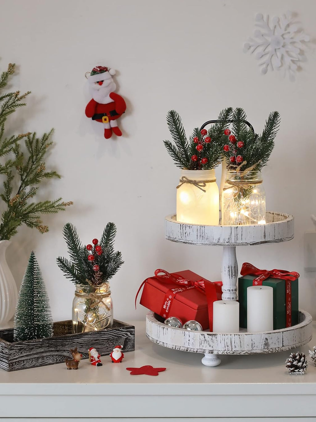 Skiennix Winter Mason Jar Centerpiece - LED Lights & Artificial Plants | Set of 3 Farmhouse Decor