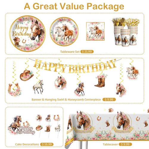 Xynic 211 Pcs Horse Party Decorations, Cowgirl Birthday Party Decorations Includes Plates, Banner, Cups, Napkins, Hanging Swirl, Tablecloth, Horse Birthday Decorations for Girls