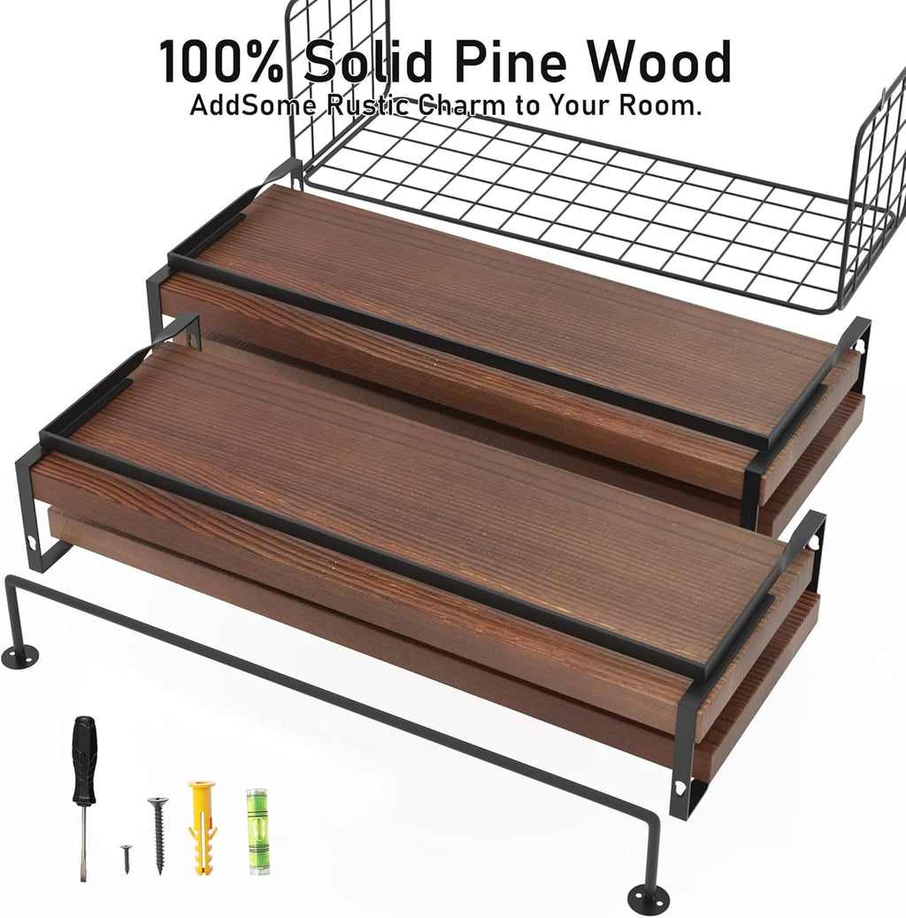 Wood Floating Shelves by [Brand Name] - Rustic Wall-Mounted 4-Tier Bathroom Shelf Set with Basket & Towel Bar