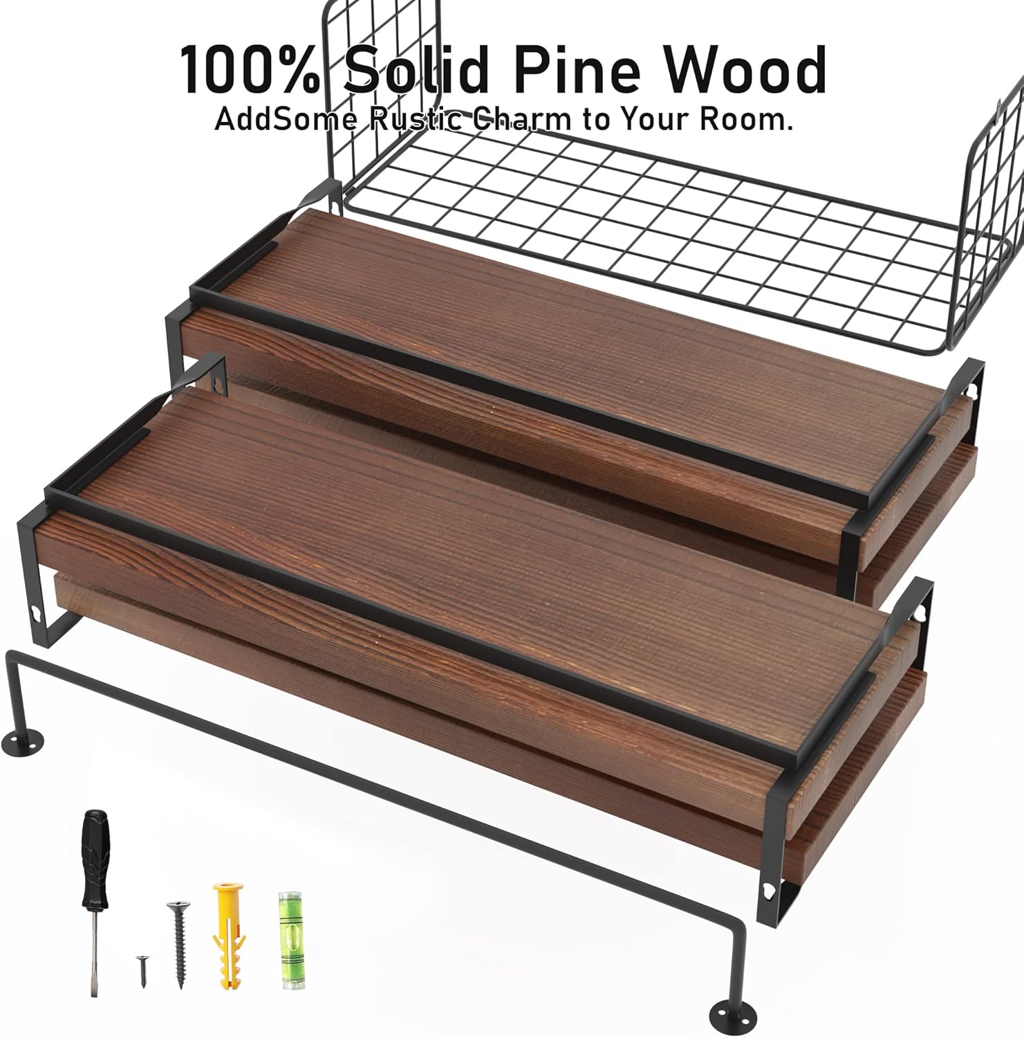 Wood Floating Shelves by [Brand Name] - Rustic Wall-Mounted 4-Tier Bathroom Shelf Set with Basket & Towel Bar