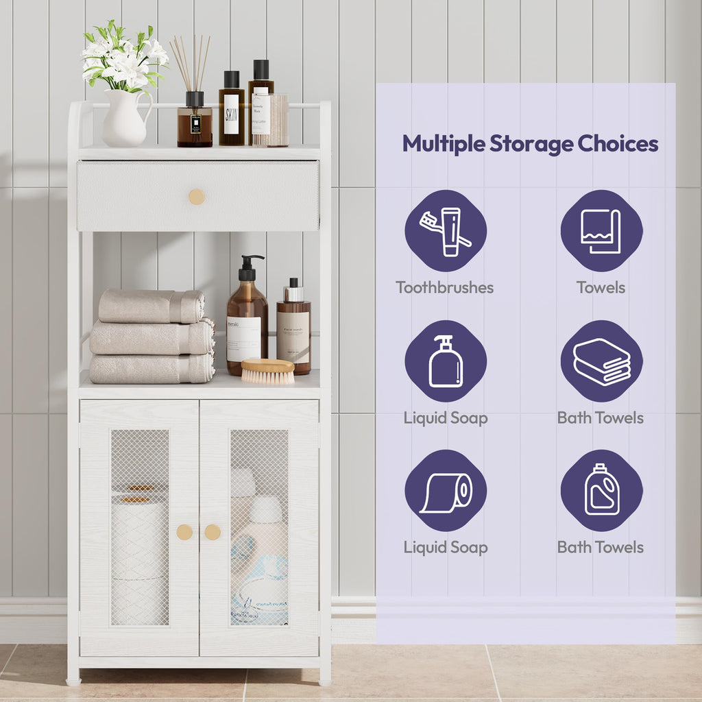 SWTYMIKI 14.57"x32.28" Bathroom Storage Cabinet – Freestanding Toilet Paper Storage with Doors & Drawer, Bathroom Organizers and Storage for Small Spaces, Laundry Room, Ideal for Towels, White