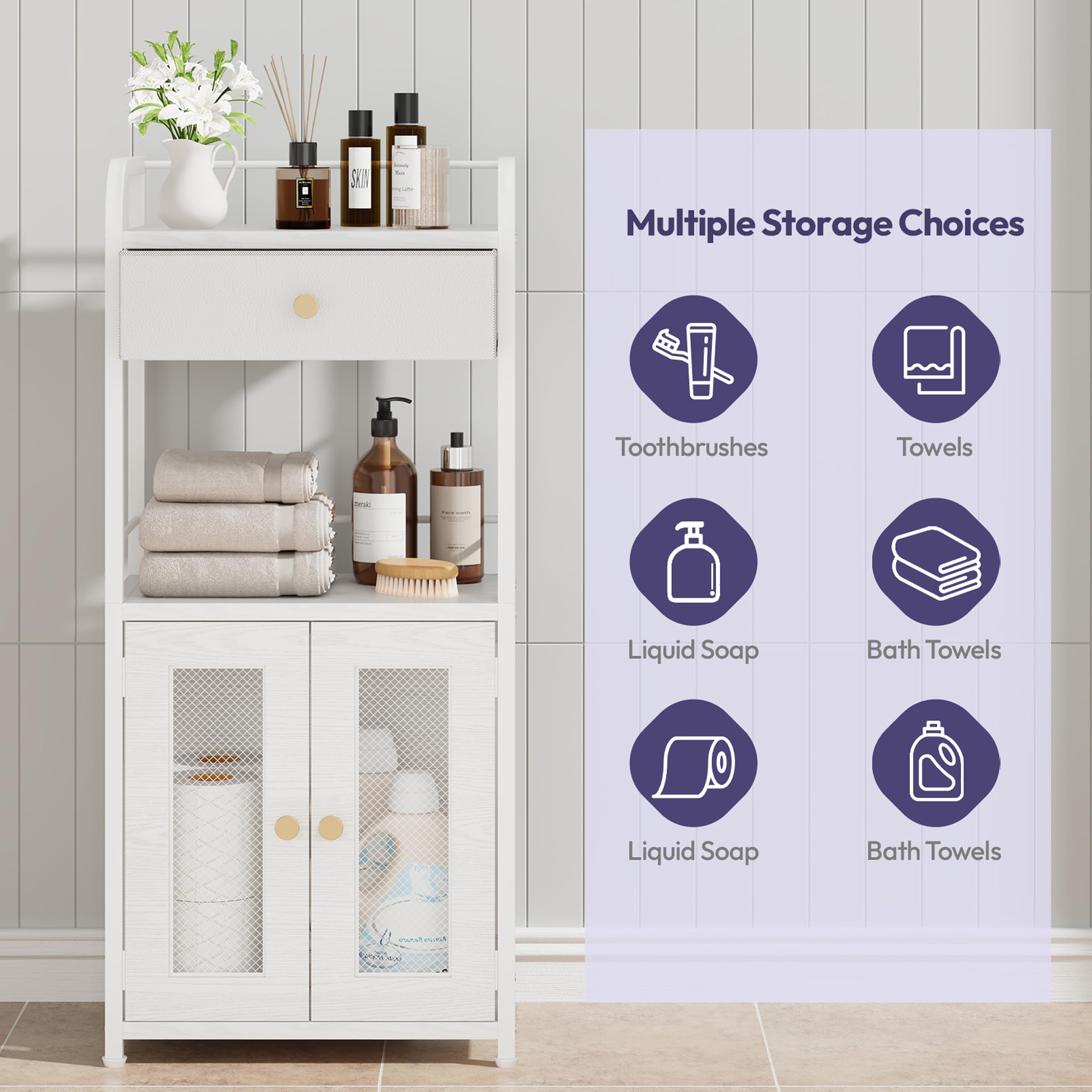 SWTYMIKI 14.57"x32.28" Bathroom Storage Cabinet – Freestanding Toilet Paper Storage with Doors & Drawer, Bathroom Organizers and Storage for Small Spaces, Laundry Room, Ideal for Towels, White