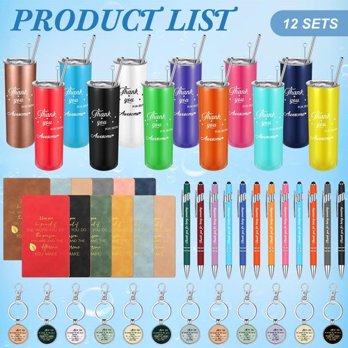Ireer Employee Appreciation Gifts Thank You Teacher Gifts 20 oz Insulated Tumbler Keychain Pen Notepad(Stylish Colors,12 Sets)